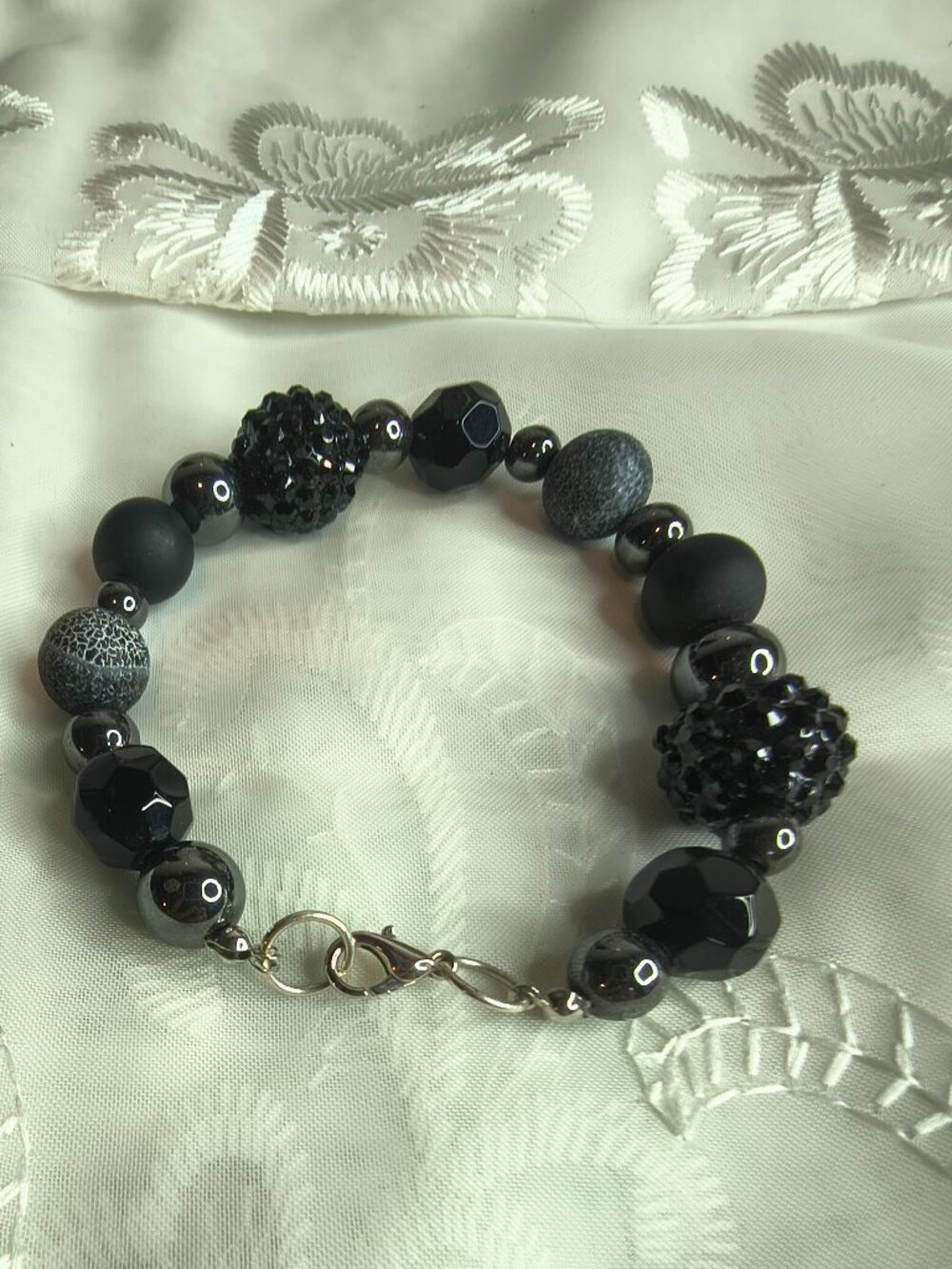 Hand Made Silver Tone Black Art Glass Beaded Bracelet